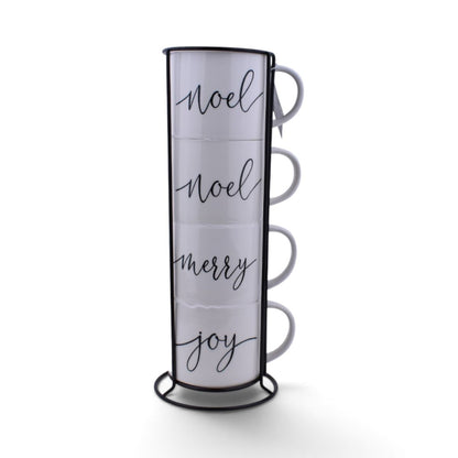 Christmas Stackable Mug Set with Metal Rack