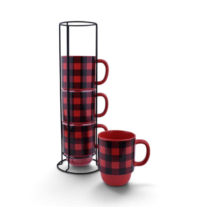 Red Buffalo Plaid Stackable Mug Set with Metal Rack