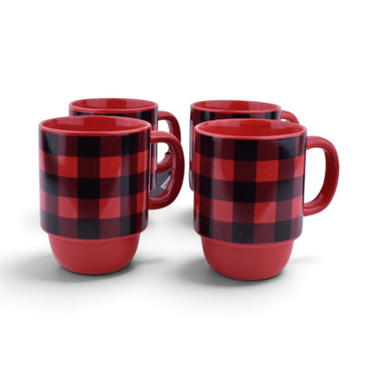 Red Buffalo Plaid Stackable Mug Set with Metal Rack