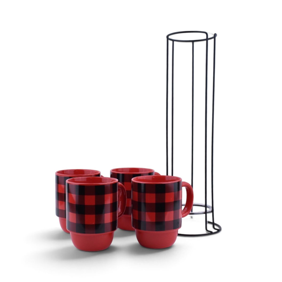 Red Buffalo Plaid Stackable Mug Set with Metal Rack