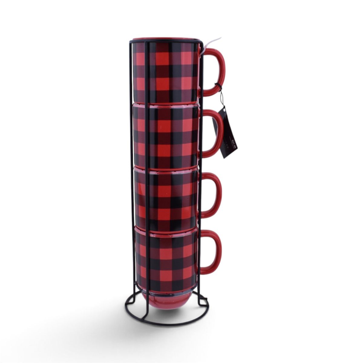 Red Buffalo Plaid Stackable Mug Set with Metal Rack
