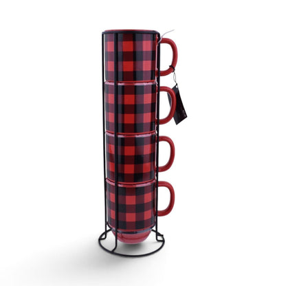 Red Buffalo Plaid Stackable Mug Set with Metal Rack
