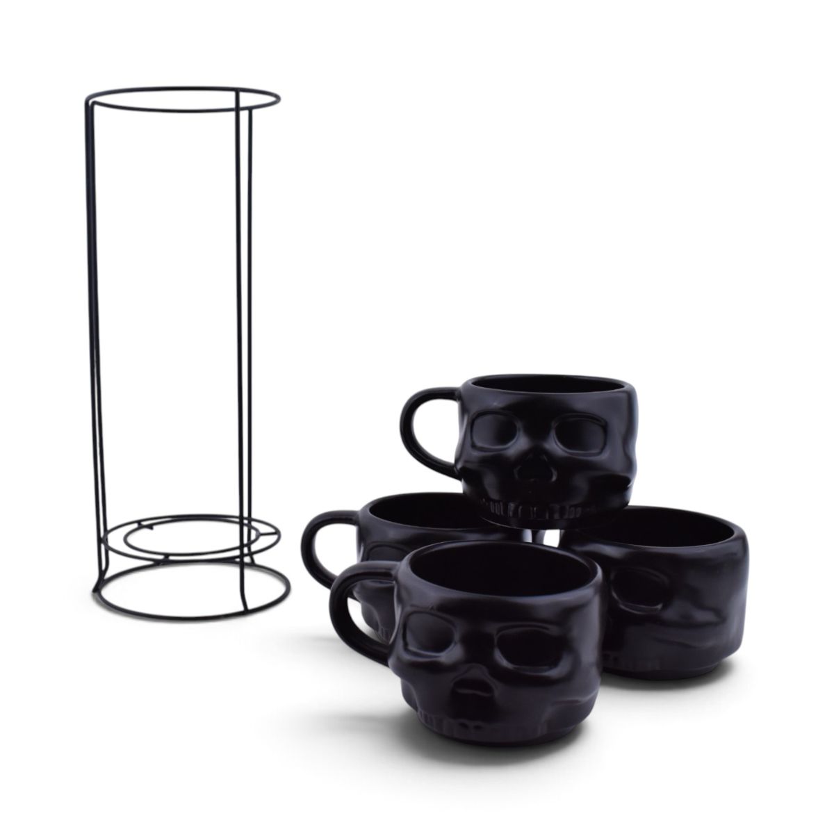 Black Skull Stacking Mugs with Metal Rack