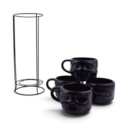 Black Skull Stacking Mugs with Metal Rack
