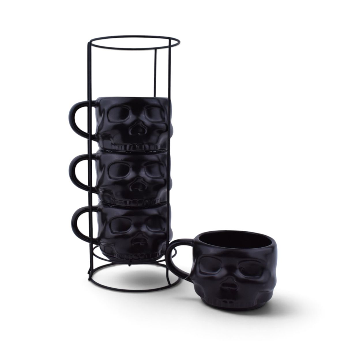 Black Skull Stacking Mugs with Metal Rack