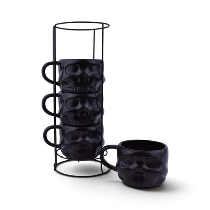 Black Skull Stacking Mugs with Metal Rack