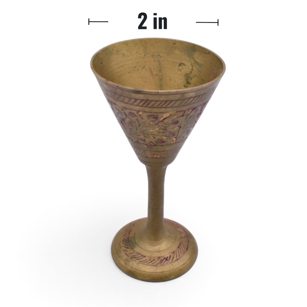 Vintage Miniature Brass Etched Floral Wine Goblets, Set of 6