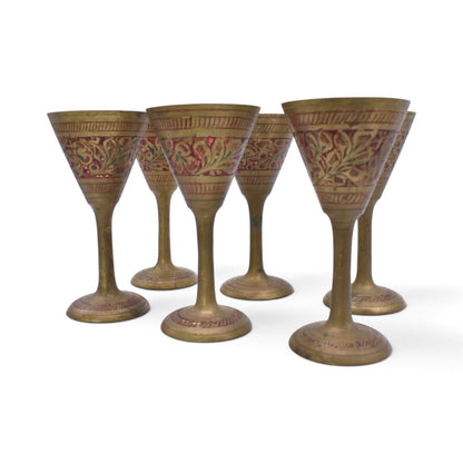 Vintage Miniature Brass Etched Floral Wine Goblets, Set of 6