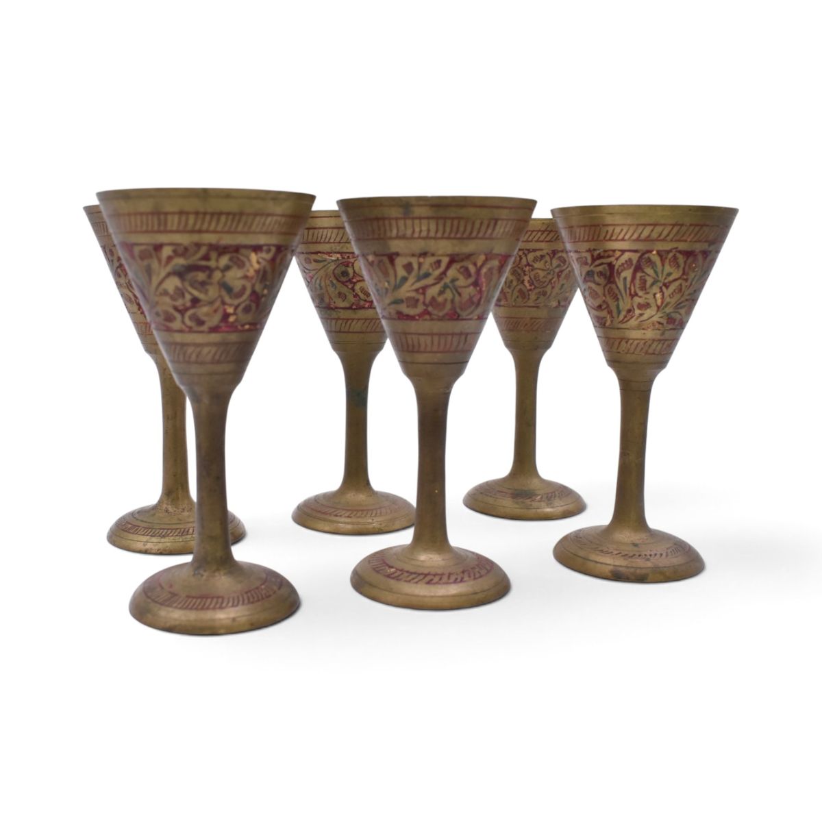 Vintage Miniature Brass Etched Floral Wine Goblets, Set of 6