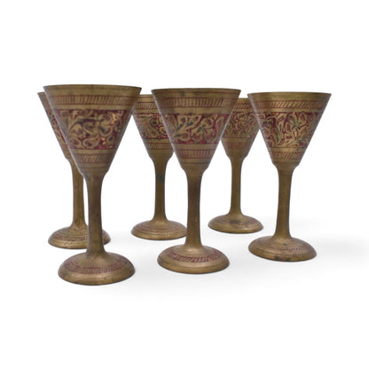 Vintage Miniature Brass Etched Floral Wine Goblets, Set of 6