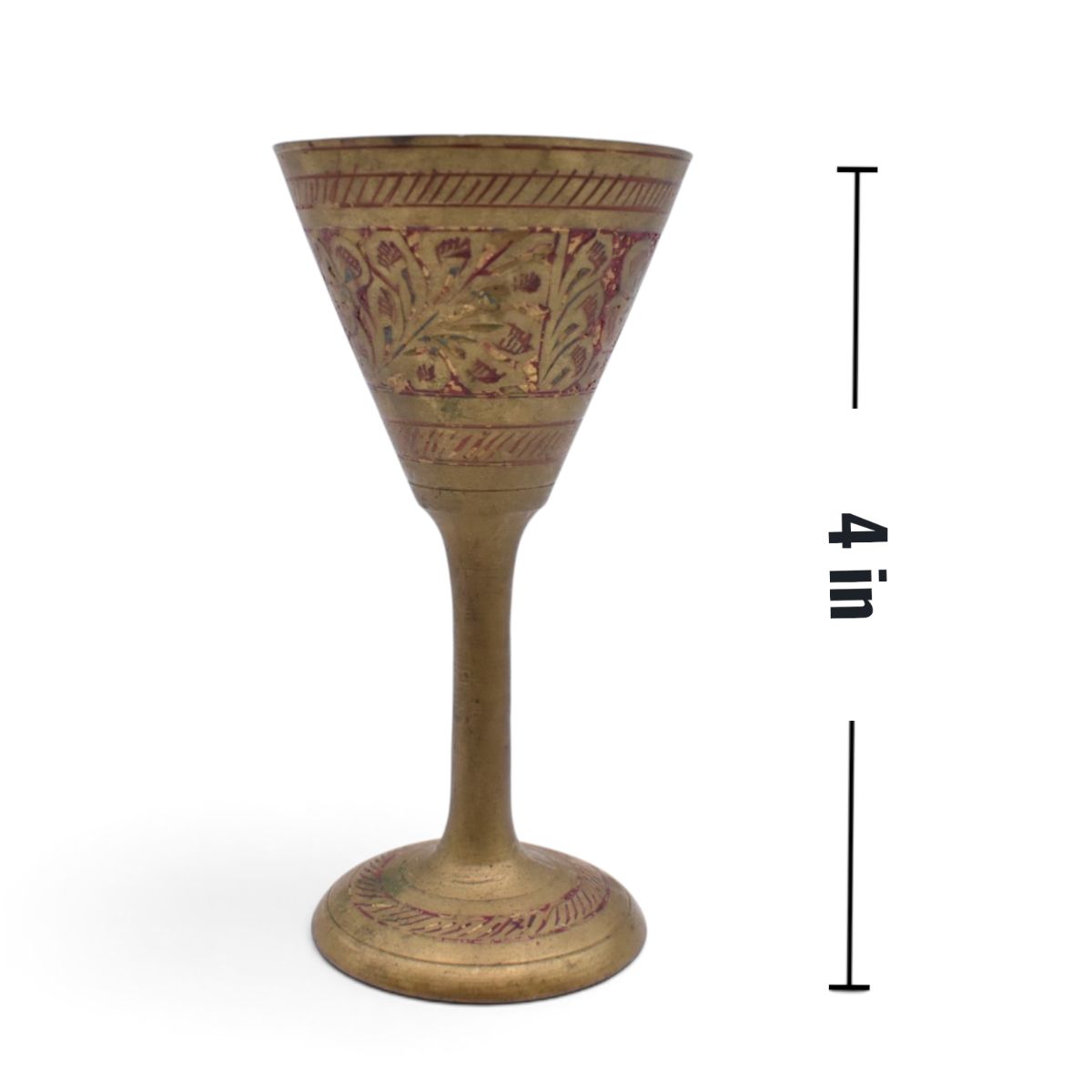 Vintage Miniature Brass Etched Floral Wine Goblets, Set of 6