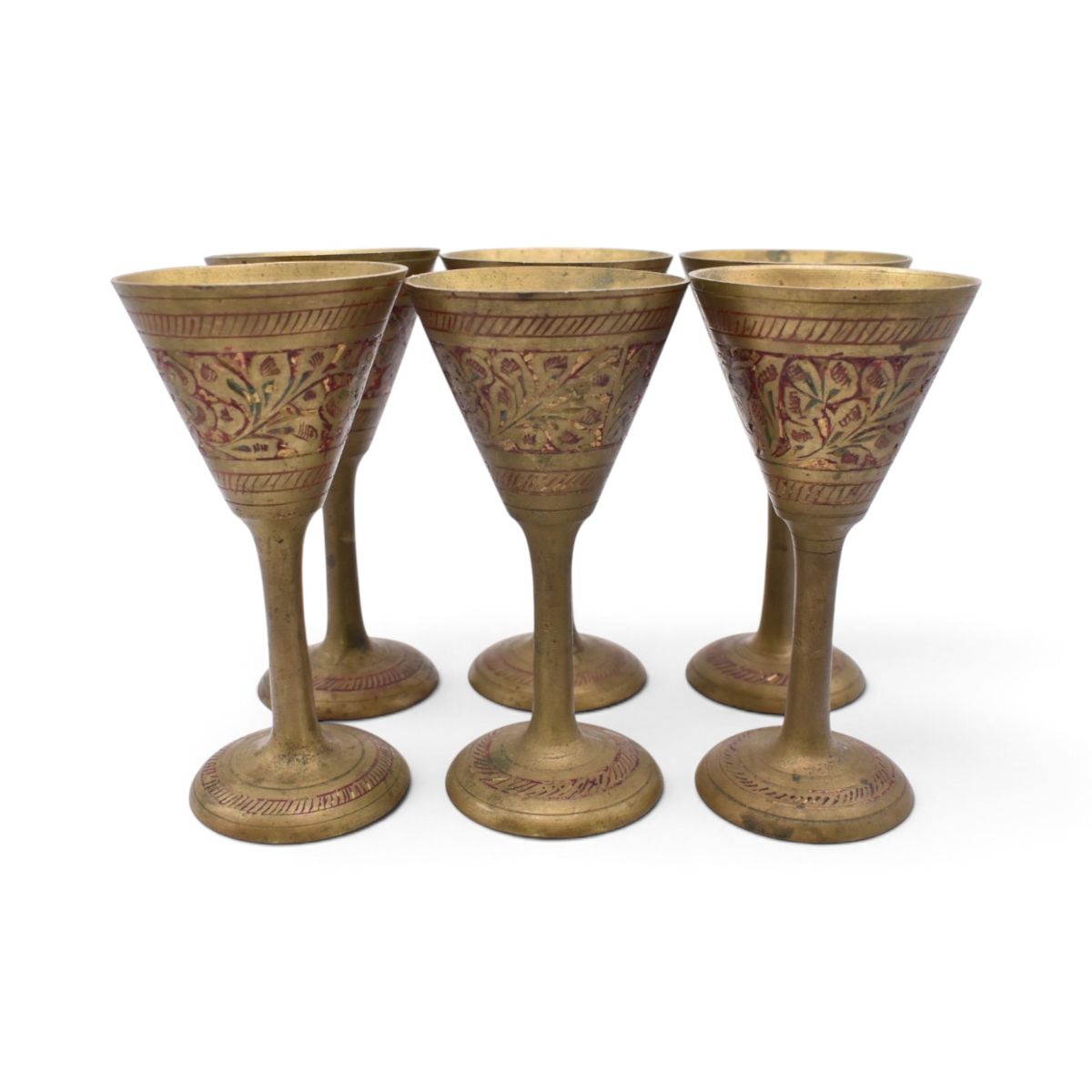 Vintage Miniature Brass Etched Floral Wine Goblets, Set of 6