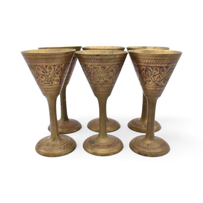 Vintage Miniature Brass Etched Floral Wine Goblets, Set of 6