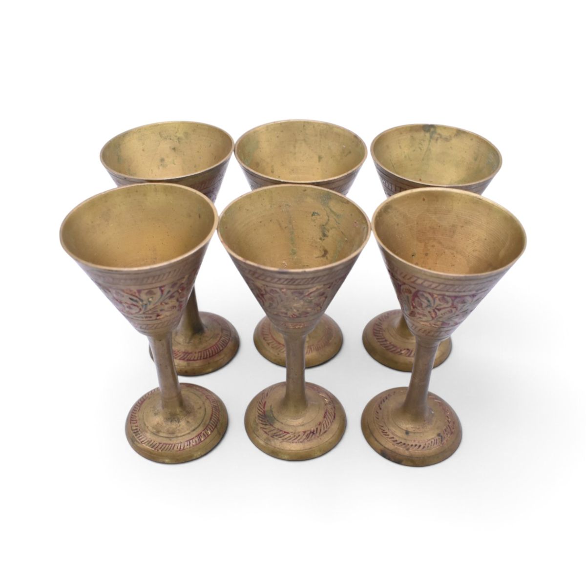 Vintage Miniature Brass Etched Floral Wine Goblets, Set of 6