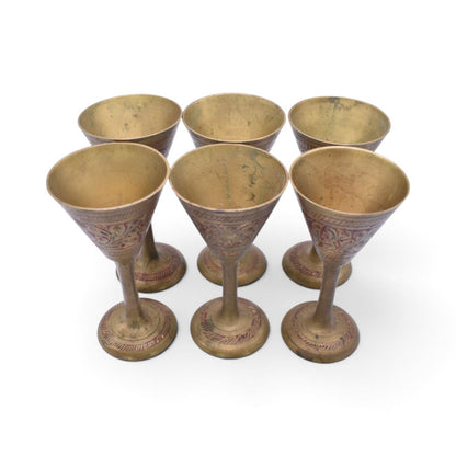Vintage Miniature Brass Etched Floral Wine Goblets, Set of 6