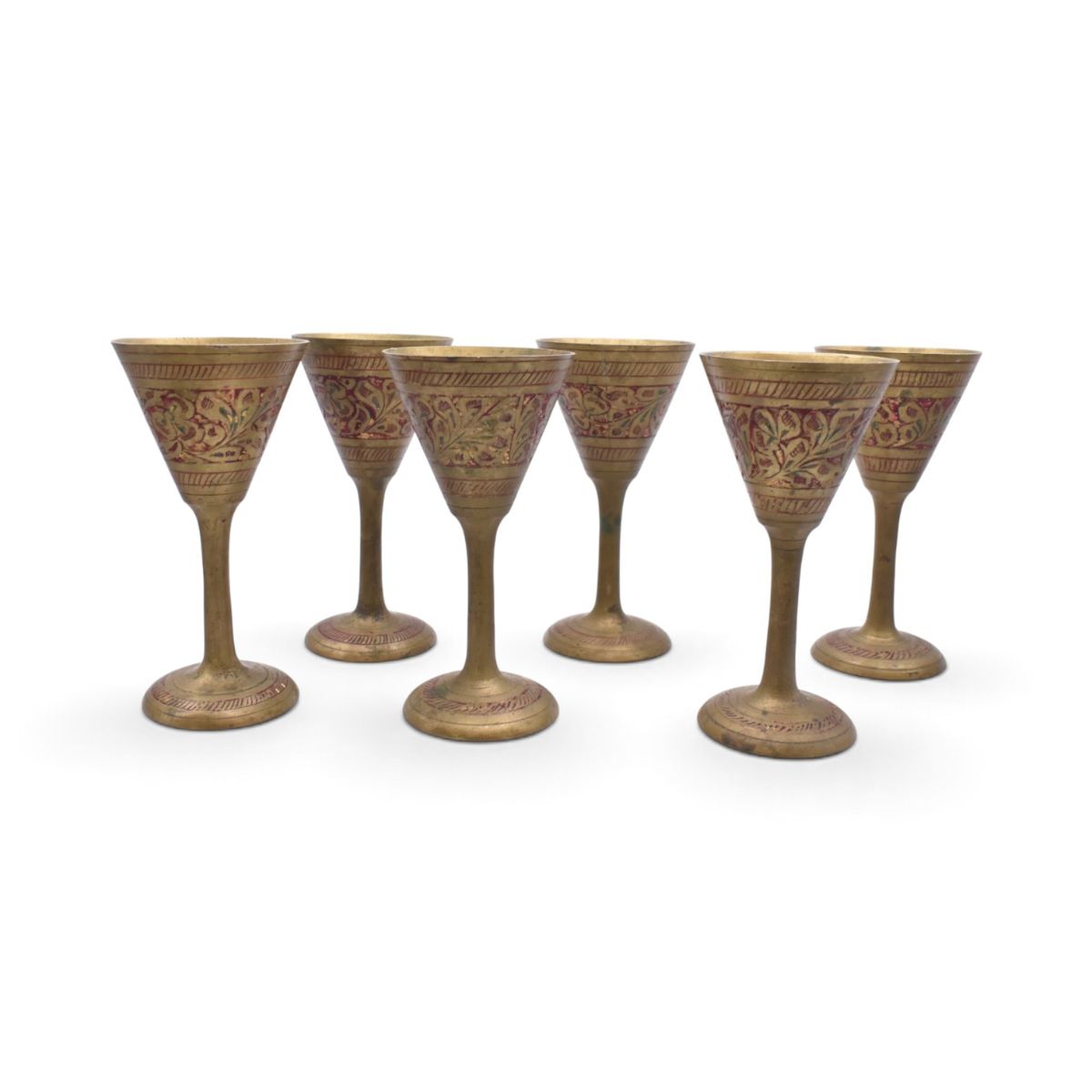 Vintage Miniature Brass Etched Floral Wine Goblets, Set of 6