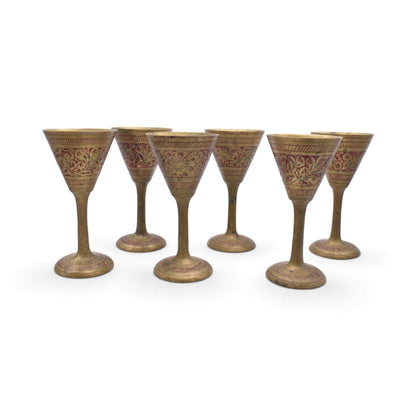 Vintage Miniature Brass Etched Floral Wine Goblets, Set of 6