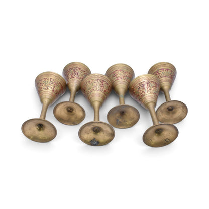 Vintage Miniature Brass Etched Floral Wine Goblets, Set of 6