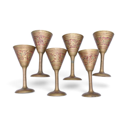 Vintage Miniature Brass Etched Floral Wine Goblets, Set of 6