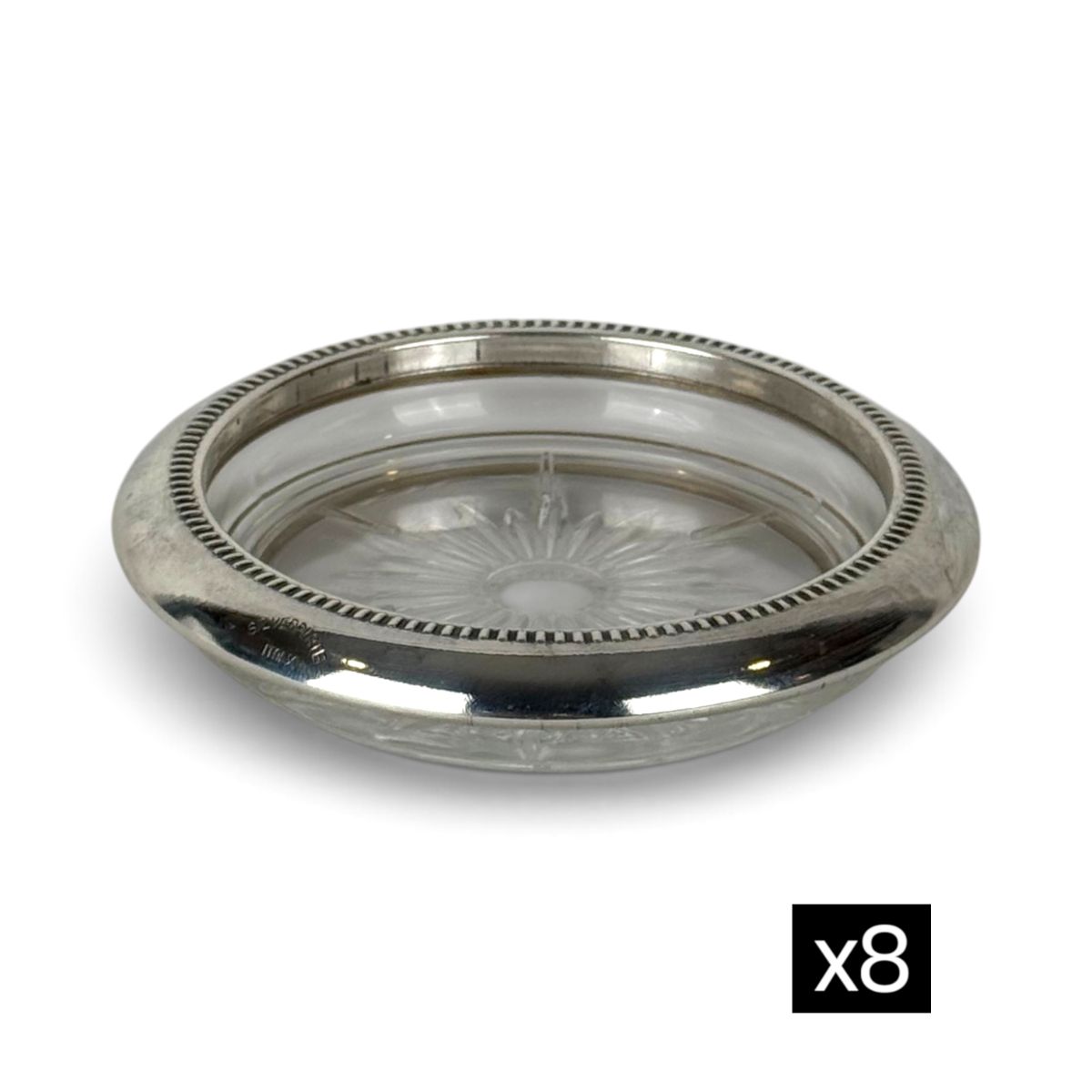 Leonard Silverplate and Glass Coasters, Set of 8
