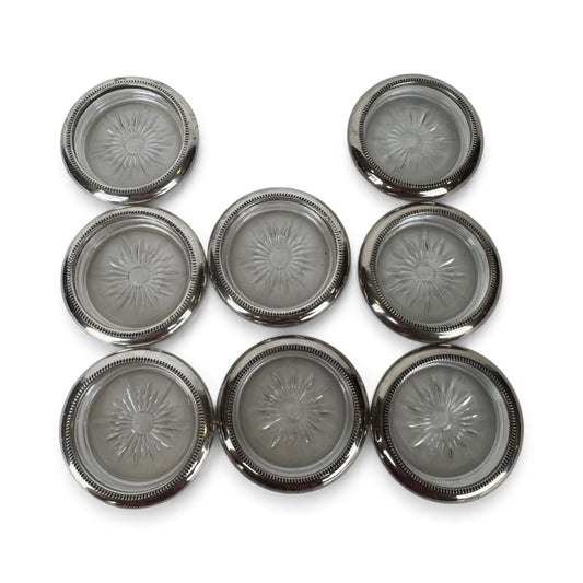 Leonard Silverplate and Glass Coasters, Set of 8
