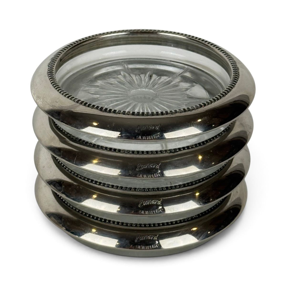Leonard Silverplate and Glass Coasters, Set of 8