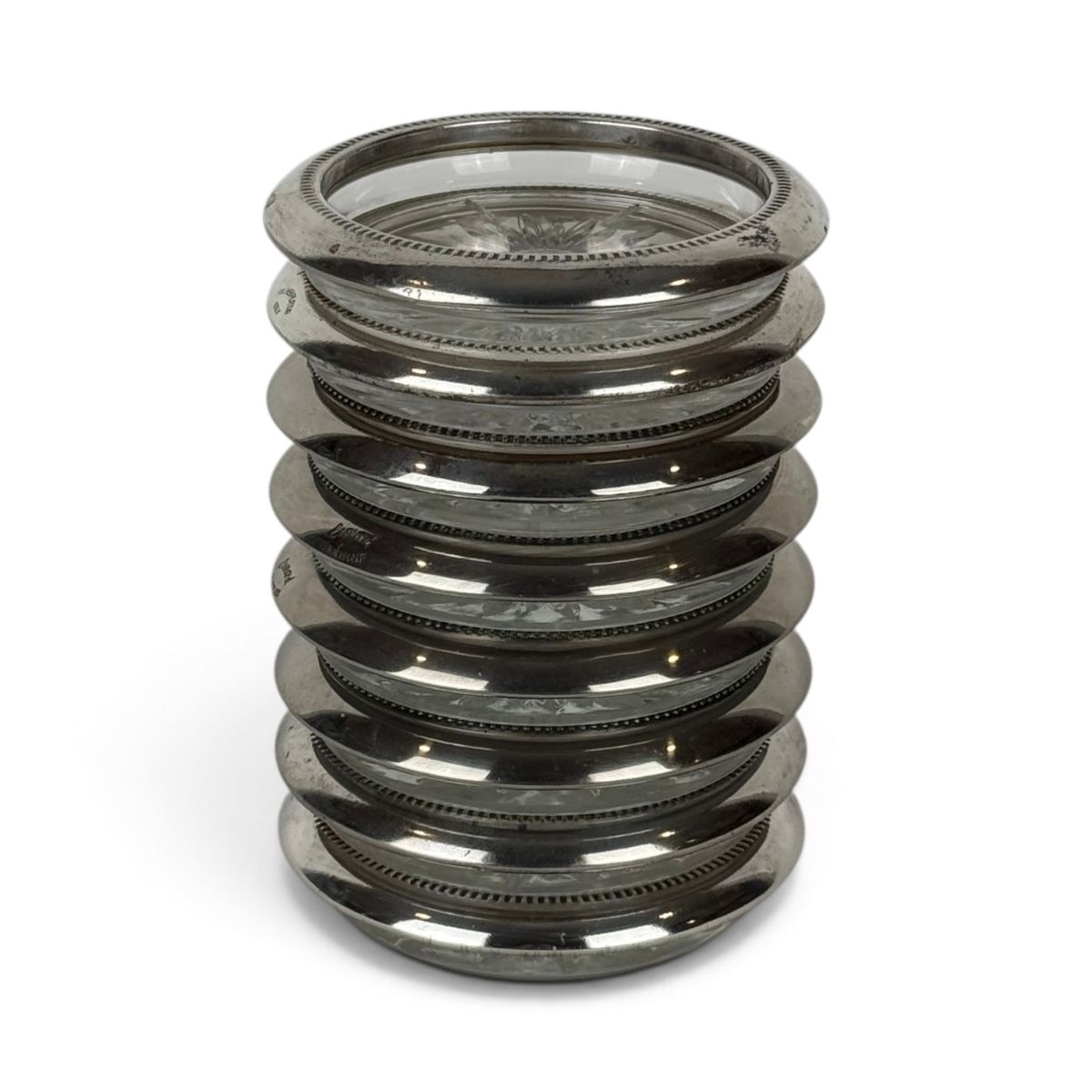 Leonard Silverplate and Glass Coasters, Set of 8