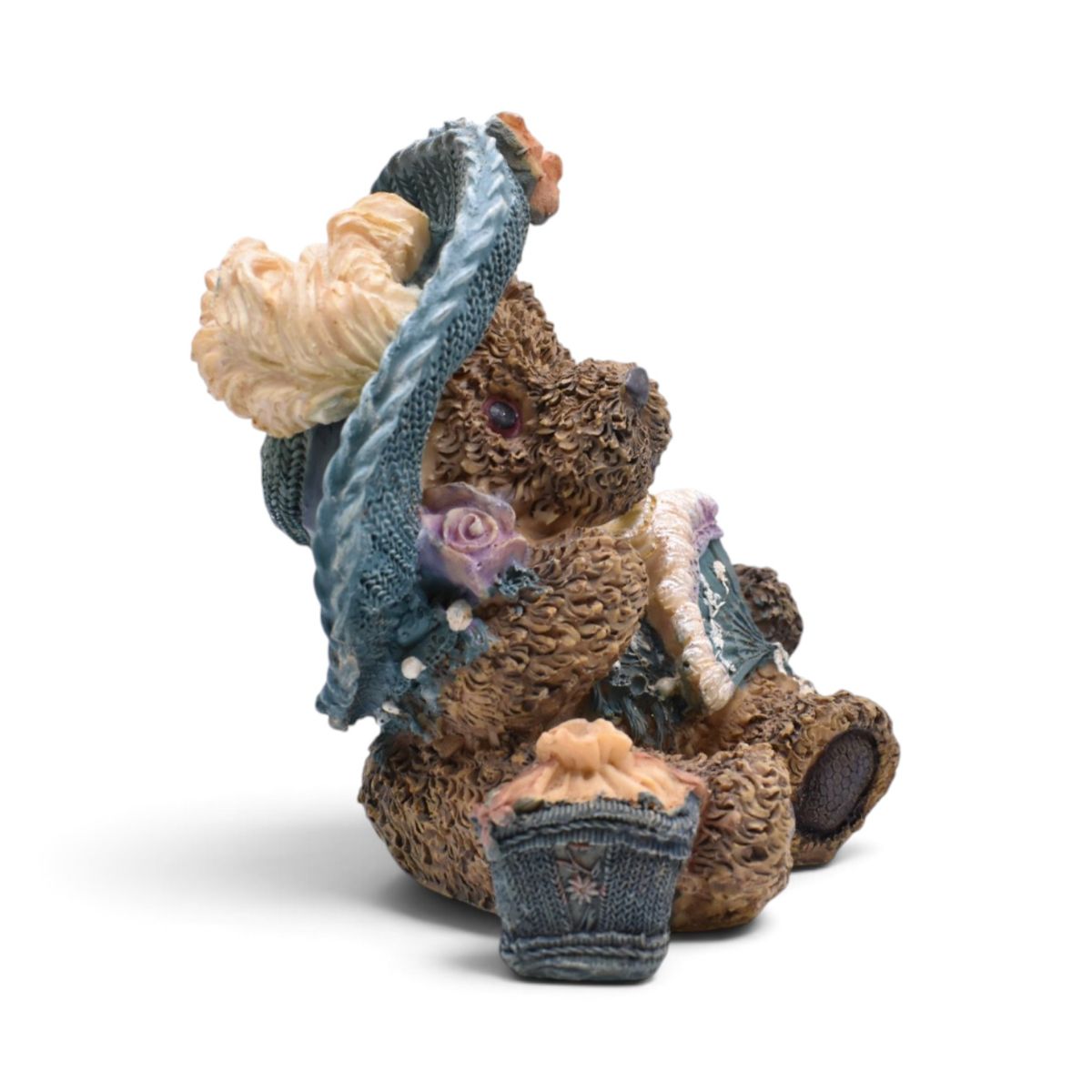 Vintage Teddy Bear Figurine with Blue Bonnet Hat and Flower Basket