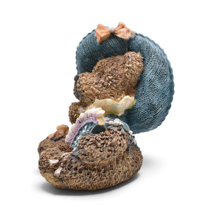 Vintage Teddy Bear Figurine with Blue Bonnet Hat and Flower Basket