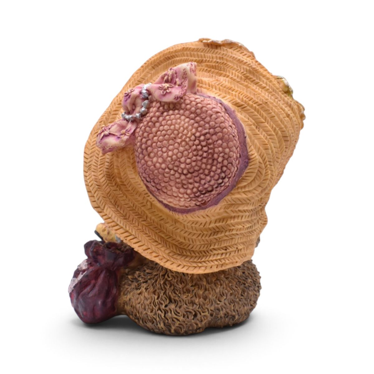 Vintage Teddy Bear Figurine with Straw Hat and Floral Bonnet