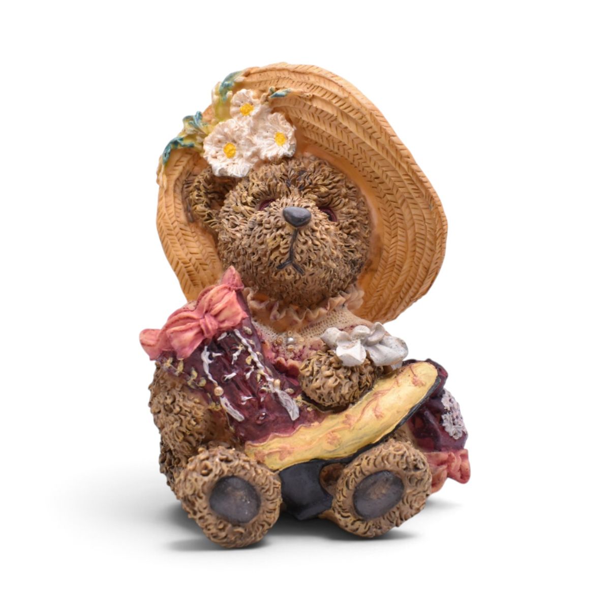 Vintage Teddy Bear Figurine with Straw Hat and Floral Bonnet
