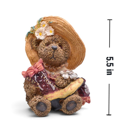 Vintage Teddy Bear Figurine with Straw Hat and Floral Bonnet