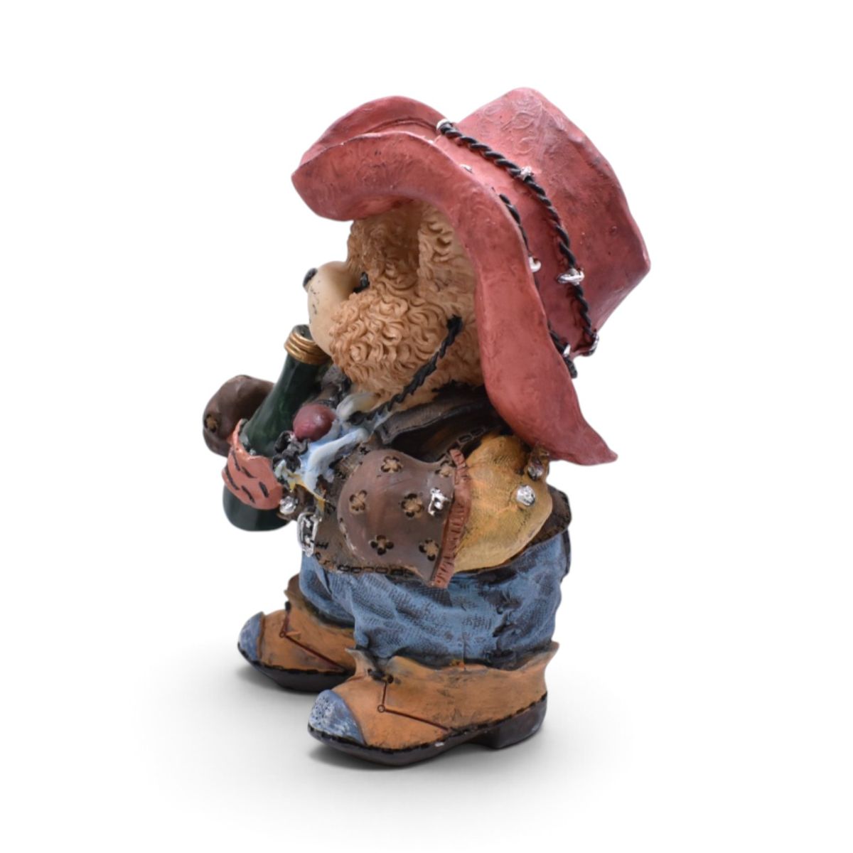 Cowboy Teddy Bear Figurine with Red Hat and Bottle