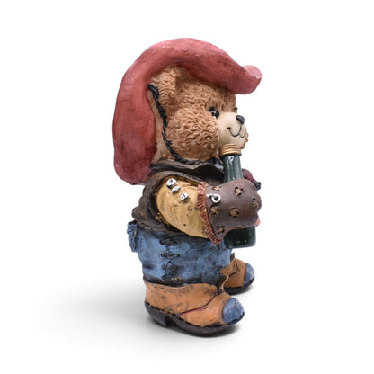 Cowboy Teddy Bear Figurine with Red Hat and Bottle