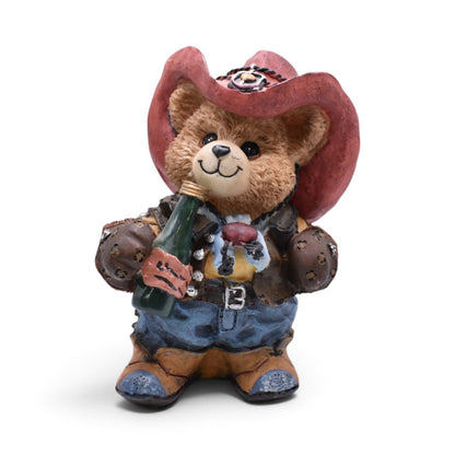 Cowboy Teddy Bear Figurine with Red Hat and Bottle