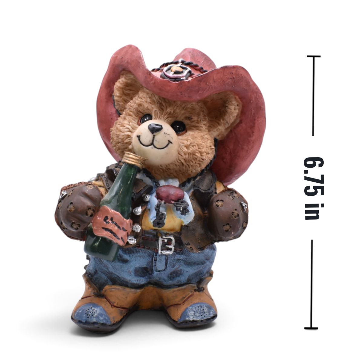 Cowboy Teddy Bear Figurine with Red Hat and Bottle