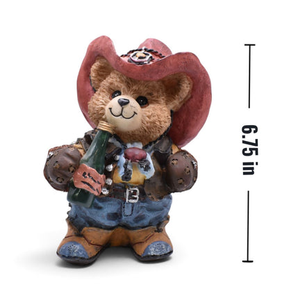 Cowboy Teddy Bear Figurine with Red Hat and Bottle