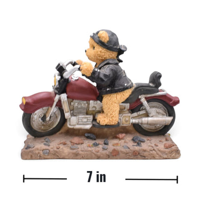 Teddy Bear Biker Motorcycle Figurine on Cobblestone Base