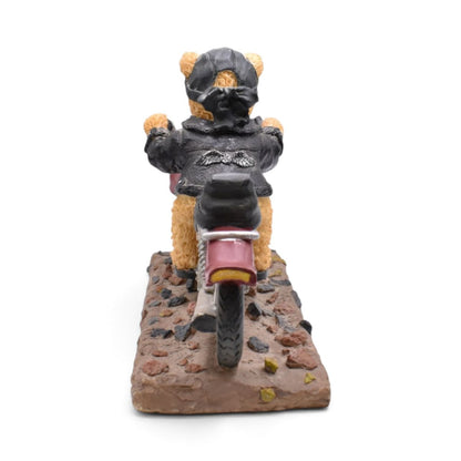 Teddy Bear Biker Motorcycle Figurine on Cobblestone Base