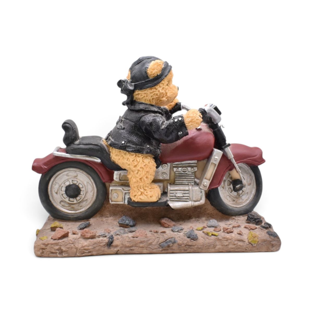 Teddy Bear Biker Motorcycle Figurine on Cobblestone Base