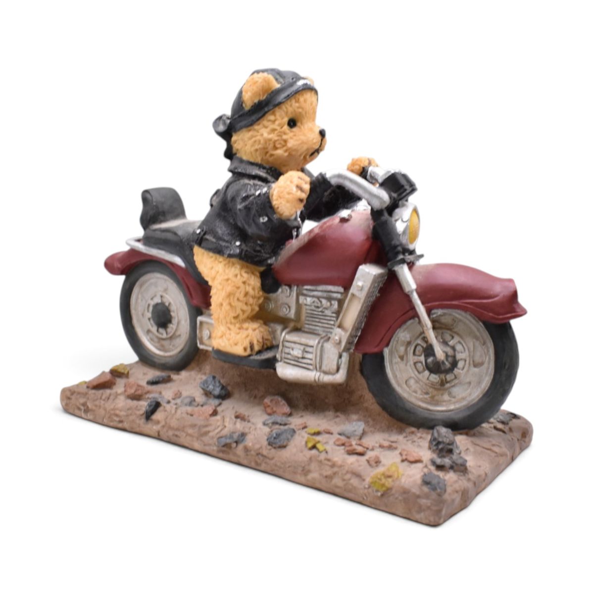 Teddy Bear Biker Motorcycle Figurine on Cobblestone Base