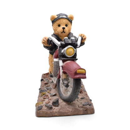 Teddy Bear Biker Motorcycle Figurine on Cobblestone Base