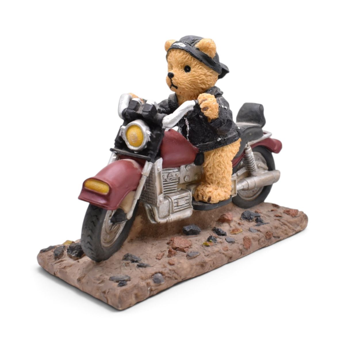 Teddy Bear Biker Motorcycle Figurine on Cobblestone Base