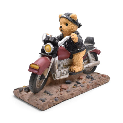 Teddy Bear Biker Motorcycle Figurine on Cobblestone Base