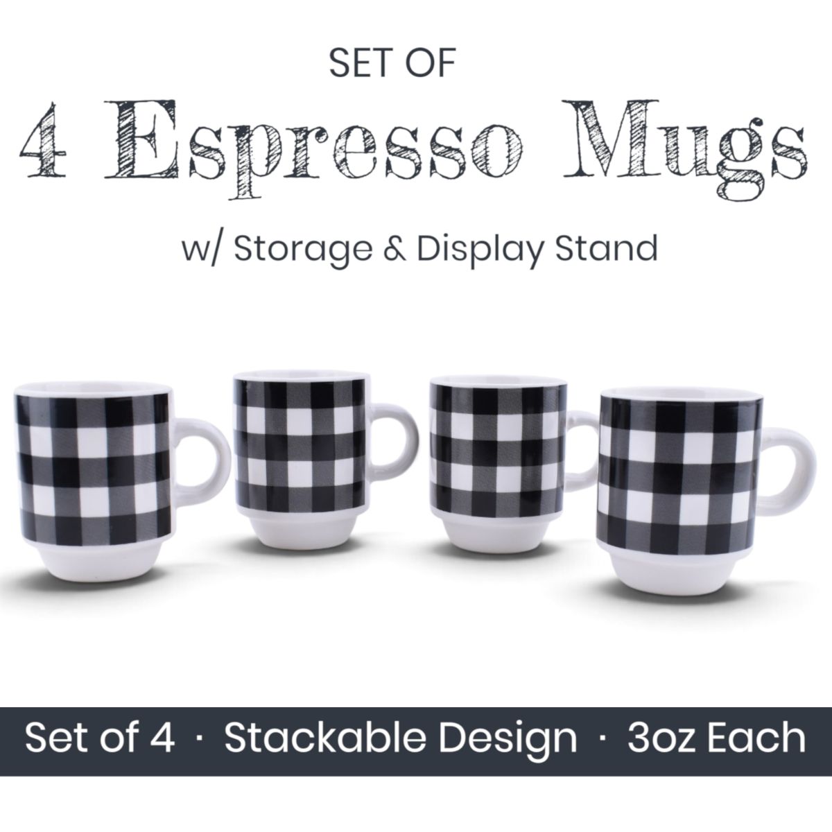 Black and White Buffalo Plaid Espresso Mugs - Set of 4 with Display Stand
