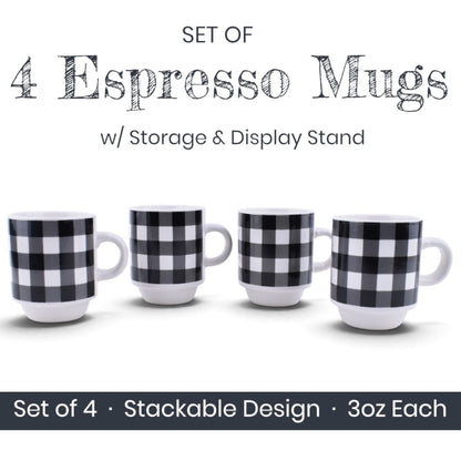 Black and White Buffalo Plaid Espresso Mugs - Set of 4 with Display Stand