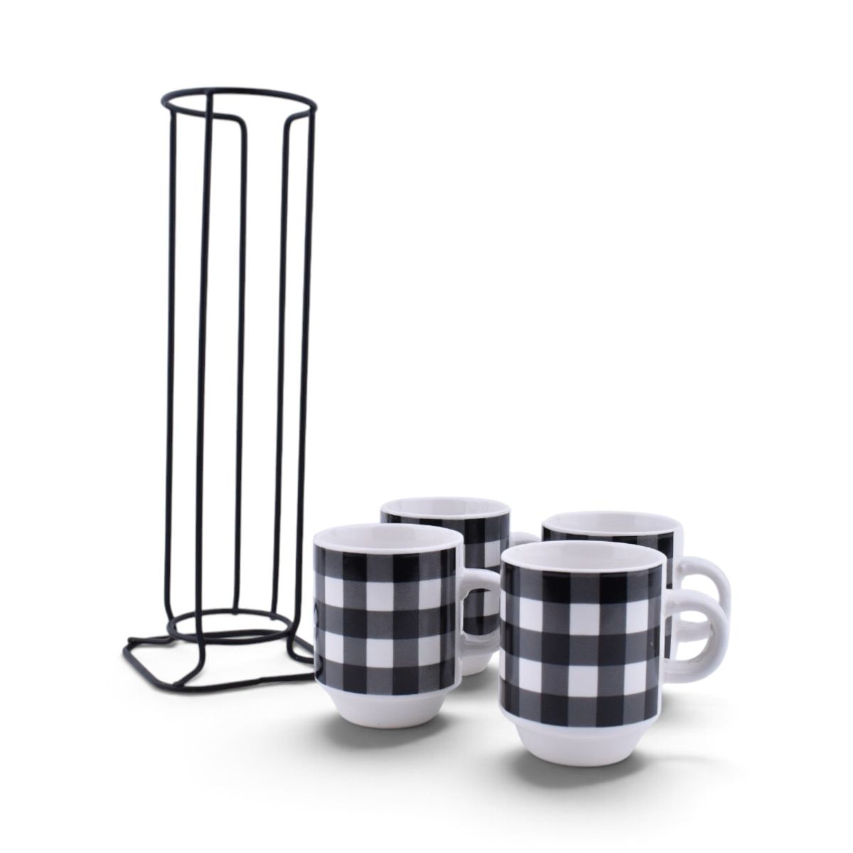 Black and White Buffalo Plaid Espresso Mugs - Set of 4 with Display Stand