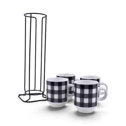 Black and White Buffalo Plaid Espresso Mugs - Set of 4 with Display Stand