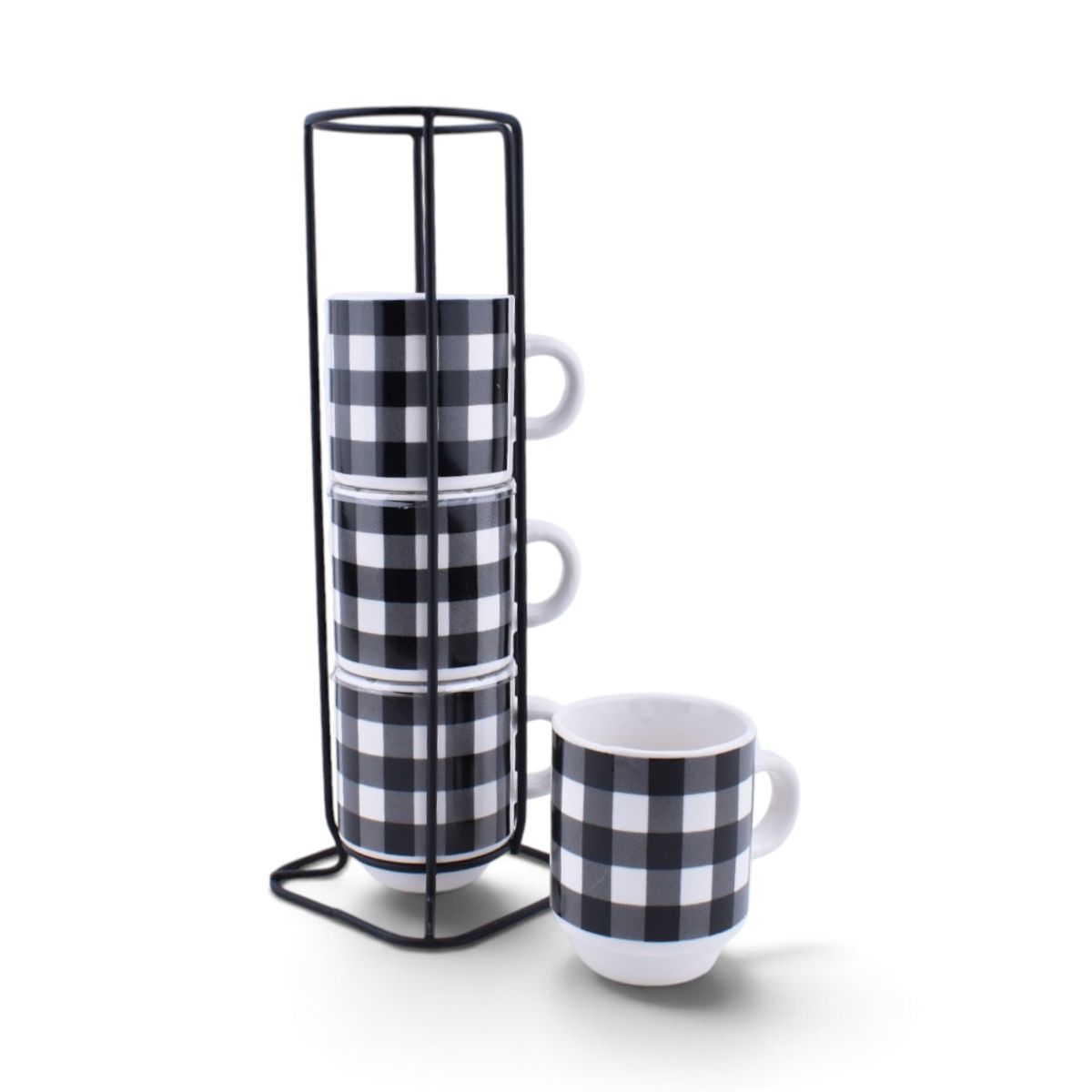 Black and White Buffalo Plaid Espresso Mugs - Set of 4 with Display Stand