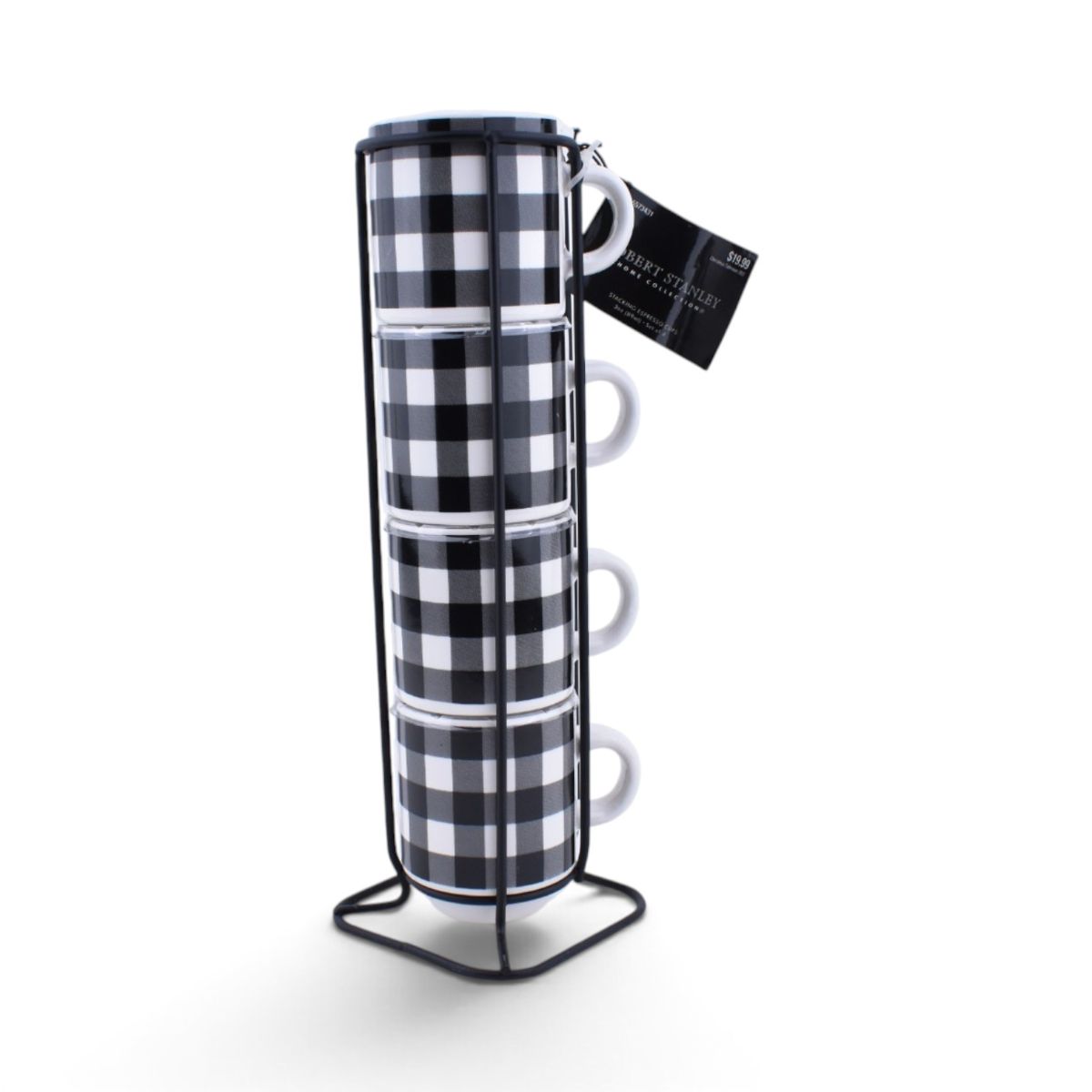 Black and White Buffalo Plaid Espresso Mugs - Set of 4 with Display Stand